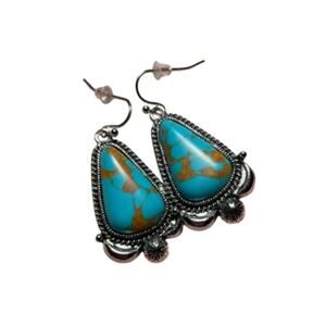 Silver Tone Southwest Faux Turquoise Earrings Ornate Floral Drop Hooks 1.5" NWOT